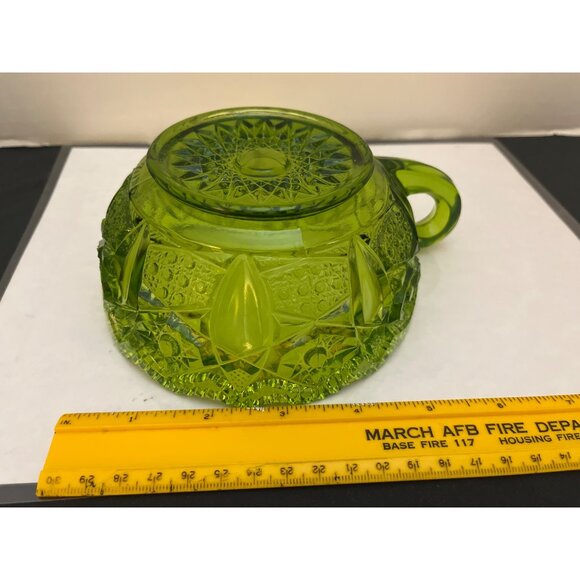 L E Smith Heritage Quintec Green Carnival Glass Handle Candy Nut Dish Bowl Vtg - Picture 6 of 7
